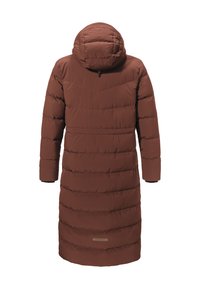 Brauner gepolsterter Langmantel mit Kapuze, der eine horizontale Steppung aufweist und ein kleines Logo-Patch nahe dem Saum hat.