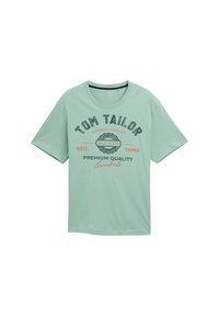 Hellgrünes Baumwoll-T-Shirt mit kurzen Ärmeln und rundem Halsausschnitt, versehen mit bedrucktem Text in dunklen und hellen Farben, einschließlich "TOM TAILOR" und "Premiumqualität."