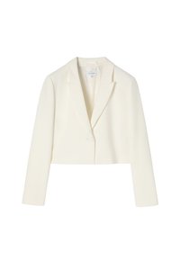 Oříznutý bílý blazer z hladkého materiálu, s klopovým límcem, zapínáním na jeden knoflík a dlouhými rukávy bez zdobení.