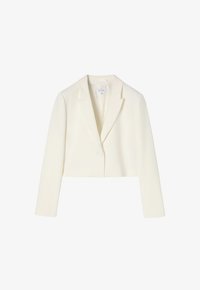 Blazer blanco ajustado hecho de tela suave, con cuello de muesca, cierre de un solo botón y mangas largas sin adornos.