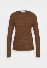 Maglione lungo a maniche nette marrone con sottili righe orizzontali e scollatura rotonda, esposto su uno sfondo semplice.