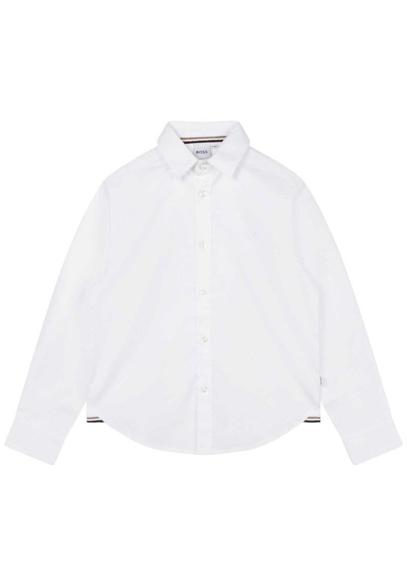 Camicia bianca a maniche lunghe in cotone. Presenta un colletto con bottoni, chiusura anteriore con bottoni e un discreto logo del brand. Vestibilità su misura.