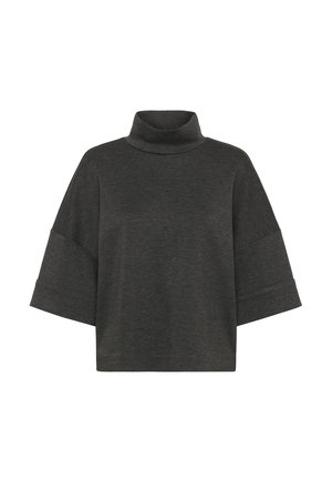 Dunkelgrauer Rollkragenpullover mit weiten, ellenbogenlangen Ärmeln. Weiches Material mit lockerer Passform und ohne sichtbare Muster oder Hardwaredetails.