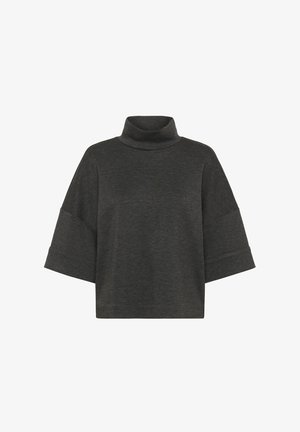 Dark grey turtleneck top with wide, elbow-length sleeves. Soft material with a relaxed fit and no visible patterns or hardware details.