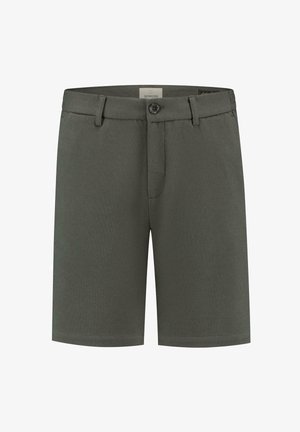 Roheline lühike püks, mis on valmistatud tekstuuriga kangast, millel on ees nupuga kinnitamine ja kaks külgtaskut. Tavaline sobivus ja sirge lõige.