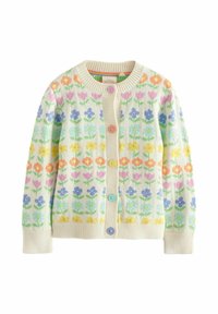 Strickjacke mit cremefarbigem Hintergrund, die mit einem floralen Muster in Pastellfarben versehen ist. Sie hat einen runden Halsausschnitt und mehrfarbige Knöpfe.