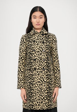 Leopard-print coat featuring a structured design, double-breasted front, large black buttons, and two side pockets in a beige and black color scheme.