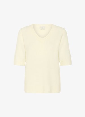 Kremno obarvana pletena jopica s kratkimi rokavi, V-izrezom in rebrastim robom. Mehka tekstura in lahka zasnova, primerna za plastenje.
