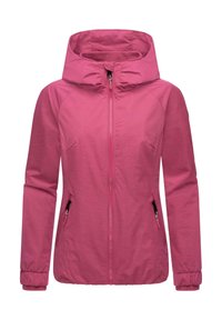 Rosa zip-up jacka med huva, sidofickor och elastiska muddar. Slät textur och figursydd design.