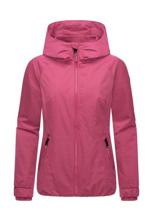 Veste à zip rose avec capuche, poches latérales et poignets élastiques. Texture lisse et design ajusté.