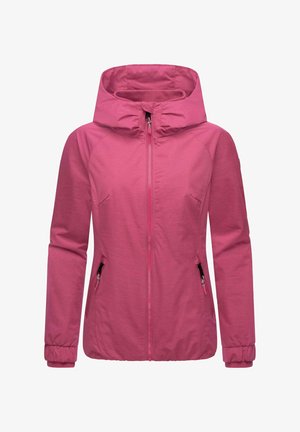 Pink zip-up jacket with a hood, side pockets, and elastic cuffs. Smooth texture and fitted design.