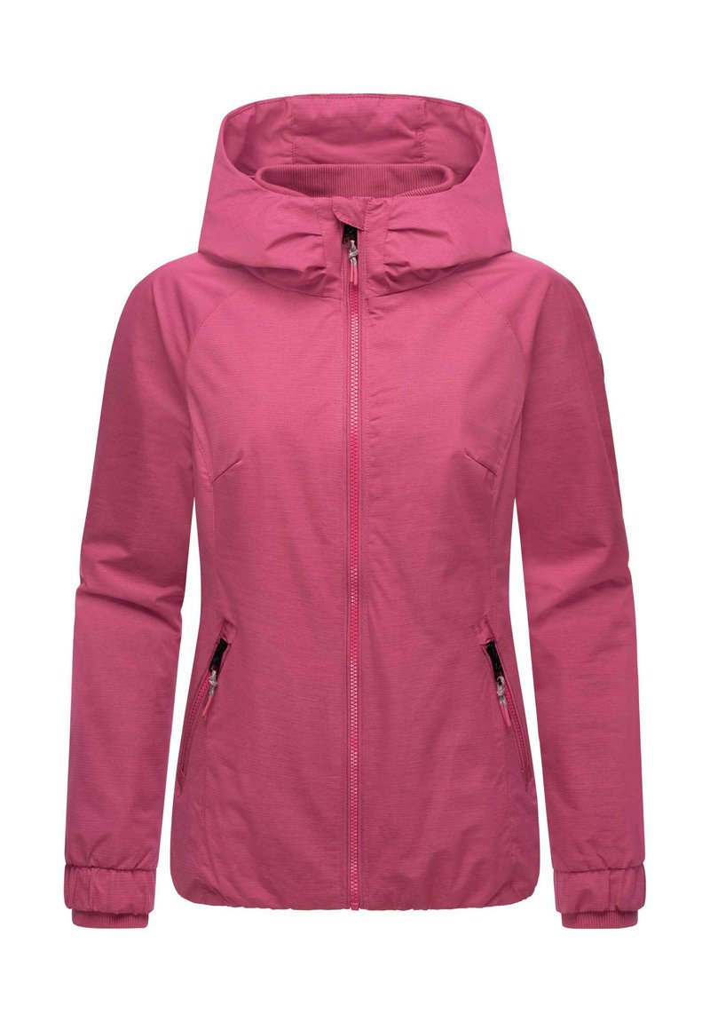 Rosa zip-up jacka med huva, sidofickor och elastiska muddar. Slät textur och figursydd design.