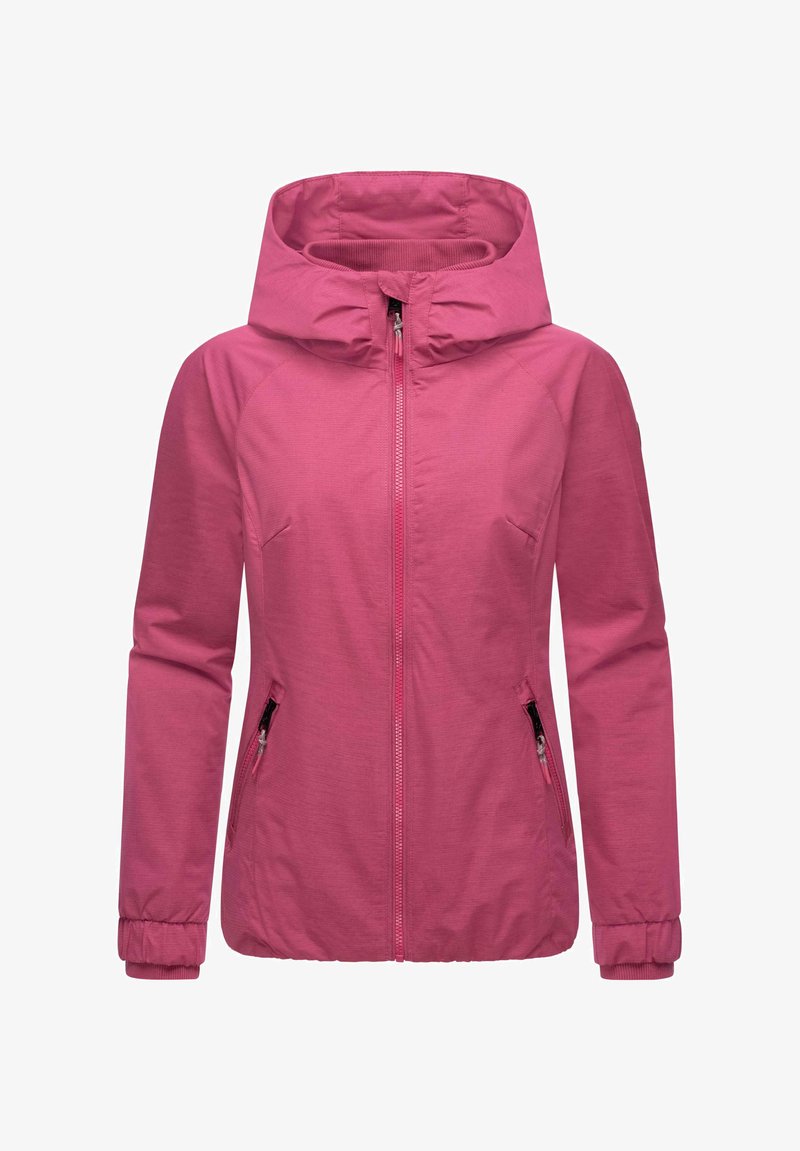 Rosa zip-up jacka med huva, sidofickor och elastiska muddar. Slät textur och figursydd design.