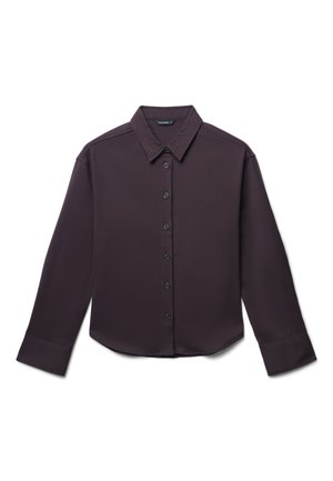 Camicia button-up di colore viola scuro, maniche lunghe, colletto classico, texture liscia, sette bottoni frontali, orlo curvo e taglio su misura.