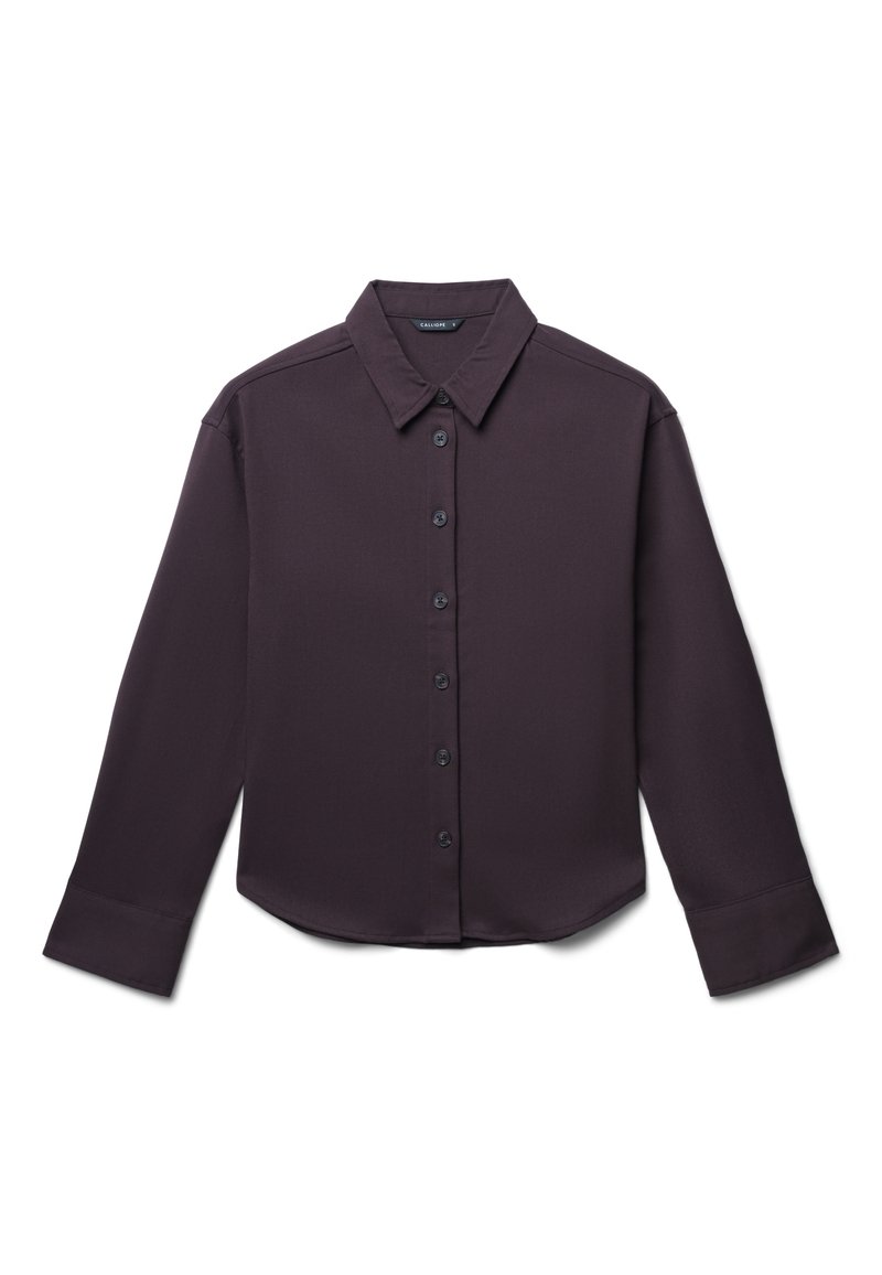 Camicia button-up di colore viola scuro, maniche lunghe, colletto classico, texture liscia, sette bottoni frontali, orlo curvo e taglio su misura.