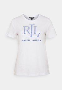 Vit bomulls t-shirt med blå randig "RLL" logotyp och texten "RALPH LAUREN" på framsidan. Kortärmad och med standard rundad halsdesign.