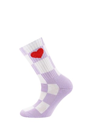 Sock with lavender and white checkered pattern and a red heart on the upper cuff, shown on a foot-shaped form against white background.