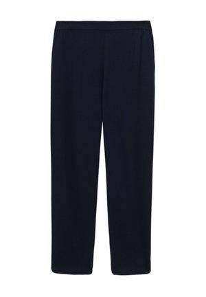 Navy blue, lightweight trousers with a loose fit. Features an elastic waistband and straight legs, made of smooth fabric with no patterns.