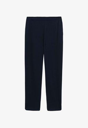 Navy blue, lightweight trousers with a loose fit. Features an elastic waistband and straight legs, made of smooth fabric with no patterns.