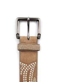 Brauner Wildledergurt mit einer schwarzen Metallschnalle und Strassakzenten entlang des Riemens, mit strukturiertem Finish und dekorativen Mustern.