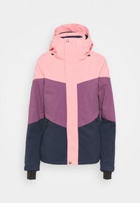 Giacca da sci a blocchi di colore con una combinazione di rosa, viola e blu navy. Presenta un cappuccio, una cerniera frontale e polsini regolabili con accenti neri.