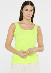 Neon yellow tank top made of lightweight fabric, featuring a scoop neckline and wide straps, with a fitted silhouette and no visible patterns.