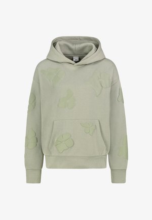 Helle grüne Kapuzenjacke mit einer Fronttasche, die geprägte Blumendesigns in einem etwas dunkleren Farbton zeigt. Weicher Stoff und lockere Passform.