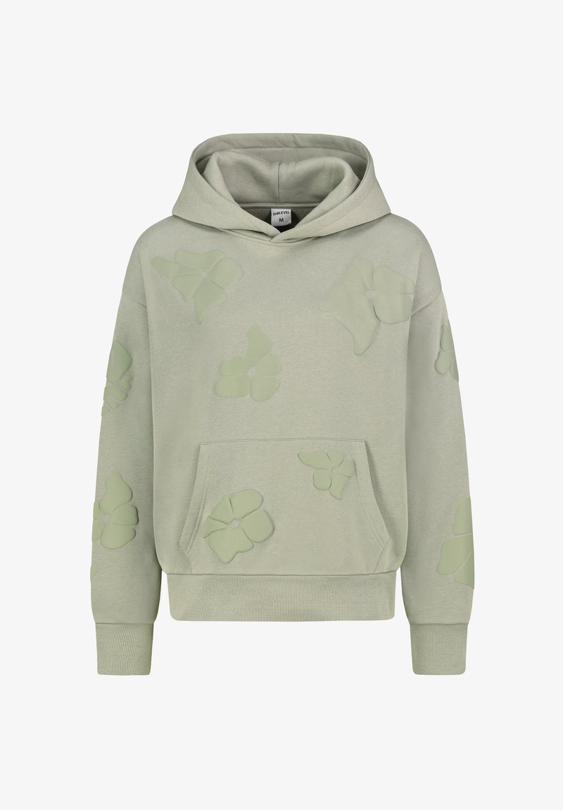 Helle grüne Kapuzenjacke mit einer Fronttasche, die geprägte Blumendesigns in einem etwas dunkleren Farbton zeigt. Weicher Stoff und lockere Passform.
