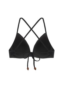 Czarny trójkątny stanik bikini z krzyżującymi się ramiączkami i związanym tyłem. Posiada gładki materiał oraz okrągłe drewniane akcenty na końcach sznurków.