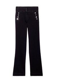 Jeans évasés noirs en tissu doux, dotés de deux boutons à la taille et d'accents argentés sur les côtés avec cinq boutons métalliques.