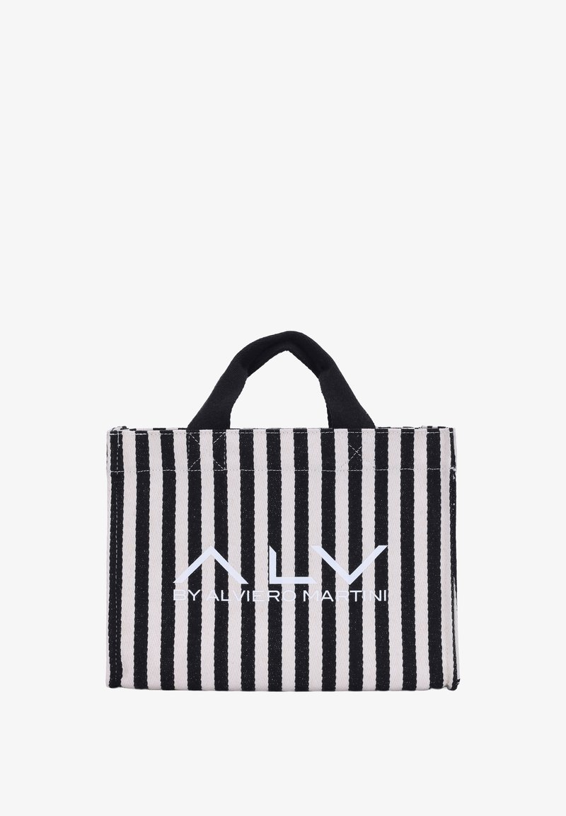 Borsa di tessuto a righe in bianco e nero con due manici piccoli e un logo bianco in evidenza. Forma rettangolare compatta, texture resistente.