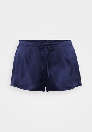 Navy blue satin shorts with an elastic waistband and a front drawstring tie, displayed on a white background.