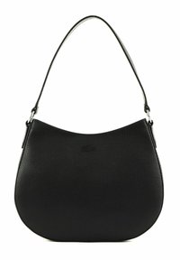 Sac à main noir avec une surface texturée, une forme courbée et une fine sangle pour l'épaule. Présente un petit logo à l'avant.