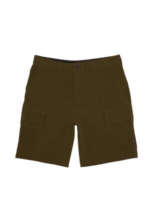 Szorty cargo w ciemnooliwkowym kolorze, wykonane z lekkiej tkaniny. Posiadają dwie boczne kieszenie, przeszycia oraz zapięcie na guzik.