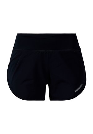 Pantaloncini sportivi neri con una cintura alta, realizzati in tessuto leggero. Presentano un orlo arcuato e un dettaglio con logo sul lato inferiore.