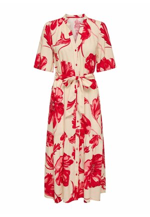 Cvjetna midi haljina u krem boji s velikim crvenim cvjetnim uzorcima, kratkim rukavima, prednjim gumbima i remenom na struku, s volanima na suknji.