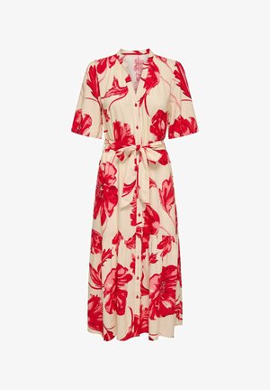 Kreem värvi lillemustriga midi kleit, millel on suured punased lillemustrid, lühikesed varrukad, nööbid ees ja sidumisrihm vööl, ning kihiline seelik.