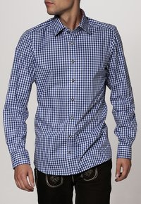 Blauw-wit geruite langemouwen overhemd met een button-down kraag en contrasterende zwarte knopen, gemaakt van geweven katoen.