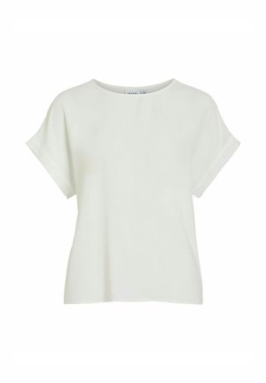 Hvid kortærmet top med en løs pasform, rund halsudskæring og manchetter. Lavet af letvægtsstof med en glat overflade. Enkelt design.