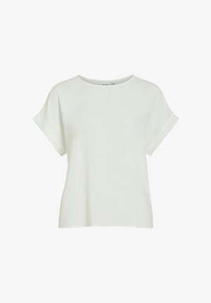Biela krátkryptová blúzka s voľným strihom, okrúhlym výstrihom a manžetami. Vyrobená z ľahkého materiálu s hladkou textúrou. Jednoduchý dizajn.