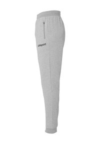 Grijze joggingbroek van zacht materiaal met een elastische tailleband, zijzak met rits en geprinte "uhlsport" logo op de linker dij.