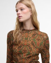 Pull long à manches longues en vert avec un motif complexe d'orange de fleurs et de feuilles, présentant un col rond et une silhouette ajustée.