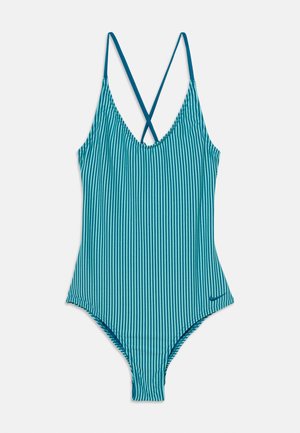 Maillot de bain une pièce à rayures verticales bleues et turquoise avec de fines bretelles croisées dans le dos et un petit logo Nike sur la hanche.