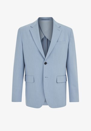 Blazer da uomo azzurro chiaro monopetto con rever a lancia, un bottone nero, tre tasche frontali e maniche lunghe.
