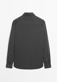 Dark gray long-sleeve shirt with a classic collar, buttoned cuffs, and a smooth fabric texture. Features a straight hem at the back.