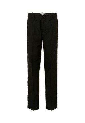 Pantalon droit noir sur mesure avec passants de ceinture, bouton à l'avant, fermeture éclair et plis subtils à la taille.