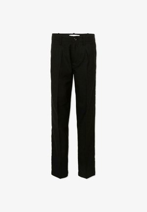 Zwarte recht gesneden maatbroek met riemlussen, knoop aan de voorkant, ritssluiting en subtiele plooien in de tailleband.