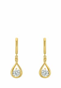 Pendientes de oro en forma de gota con marcos en forma de lágrima que sostienen piedras preciosas redondas y transparentes, colgando de suaves aros de oro.