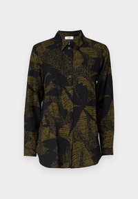Camicia a bottoni in nero e verde oliva con un motivo a foglia. Caratterizzata da colletto, maniche lunghe e taglio dritto. Tessuto morbido al tatto.