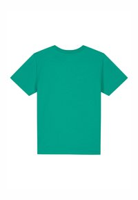 Korte mouwen t-shirt van zacht stof, effen heldere teal kleur, ronde hals, normale pasvorm zonder patronen of versieringen.